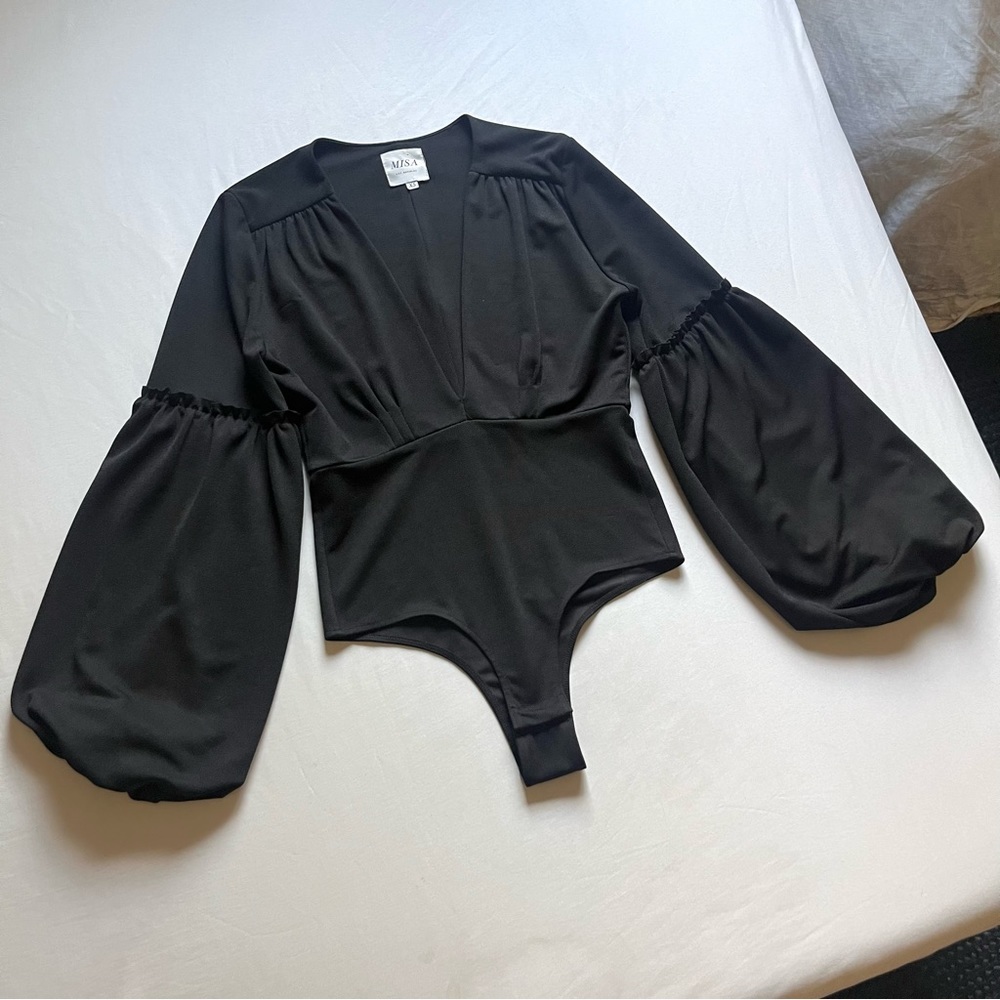 MISA LOS ANGELES black knit balloon‎ long puff sleeve pleated bodysuit